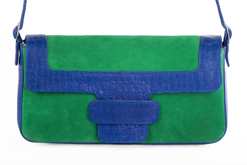 Emerald green and electric blue women's dress handbag, matching pumps and belts. Profile view - Florence KOOIJMAN